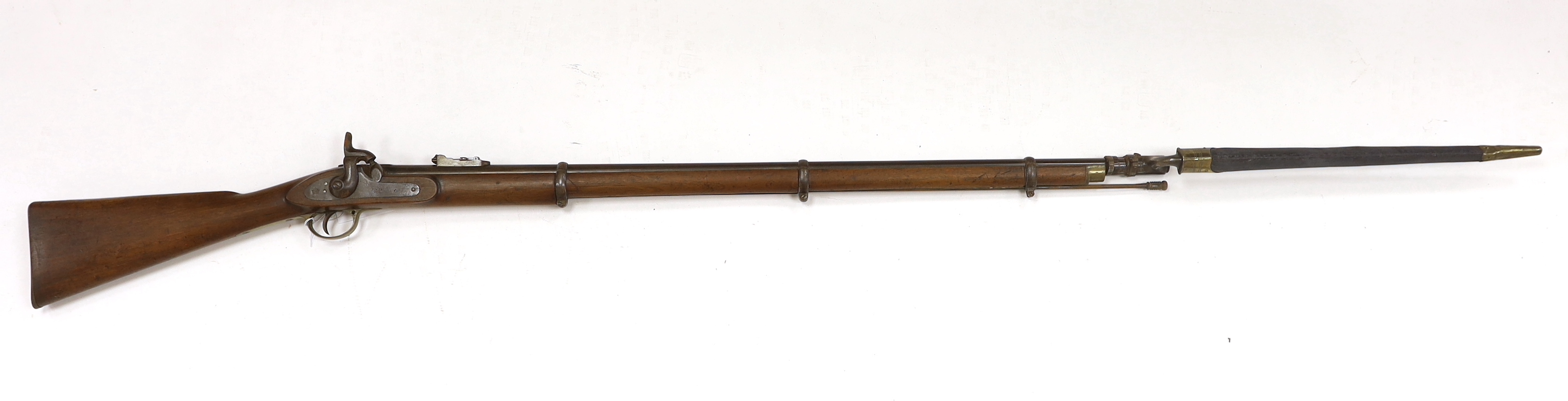 A .577 inch three band Enfield Military percussion rifle, lock stamped Tower 1868 with crown entail